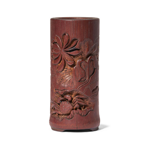 A SMALL CARVED ‘LOTUS POND’ BAMBOO BRUSHPOT, QING DYNASTY, 18TH CENTURY