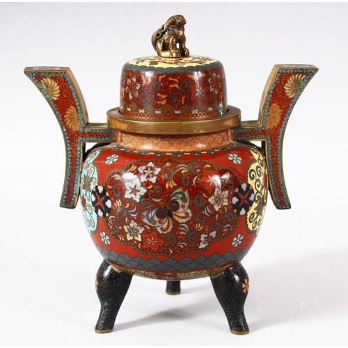A SMALL JAPANESE CLOISONNE TWIN HANDLE KORO AND COVER, decor...