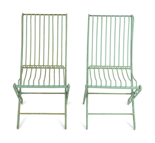A Set of Four Green Painted Wrought Iron Folding Chairs and Two Folding Metal Armchairs
