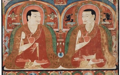 A THANGKA DEPICTING TAKLUNG ABBOTS KUYELWA AND SANGYE YARJON Tibet, Circa 1300