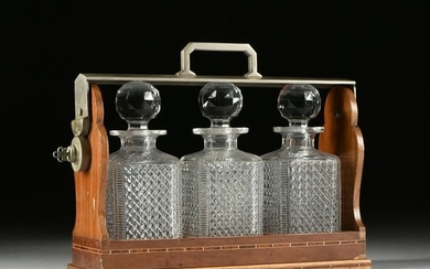 A THREE BACCARAT BOTTLE AND PARQUETRY INLAID WALNUT