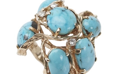 A TURQUOISE AND DIAMOND RING - Of abstract form, comprising six turquoise cut en cabochon, with round brilliant cut diamond detail,...
