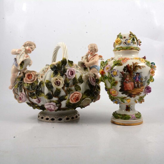 A Thuringia porcelain pot pourri jar and a floral encrusted basket
