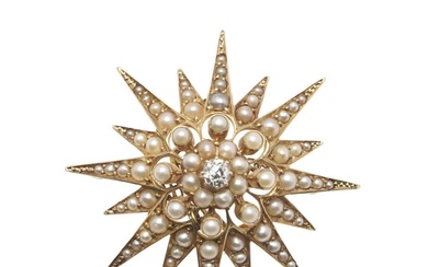 A VICTORIAN DIAMOND AND PEARL STAR BROOCH. centred with a ci...