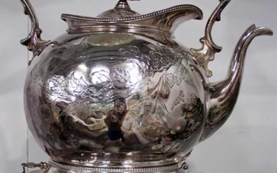 A VICTORIAN SILVER PLATED KETTLE ON STAND