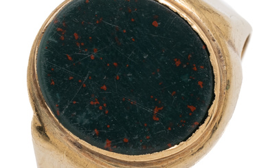 A VINTAGE HEAVILY GOLD PLATED BLOODSTONE SIGNET RING; size at...