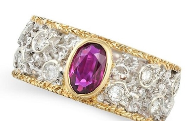 A VINTAGE RUBY AND DIAMOND DRESS RING in 18ct yellow and white gold, in the manner of Buccellati