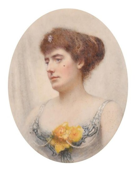 A Victorian oval portrait miniature of a Lady wearing a