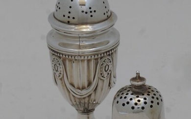 A Victorian silver pepper, London, 1898, Hawksworth, Eyre & Co Ltd, of urn form with pierced domed top with finial over a reeded body with paterae and swags, on stepped square base, 11cm high; together with an Edwardian silver pepper, Sheffield...