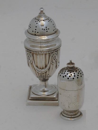 A Victorian silver pepper, London, 1898, Hawksworth, Eyre & Co Ltd, of urn form with pierced domed top with finial over a reeded body with paterae and swags, on stepped square base, 11cm high; together with an Edwardian silver pepper, Sheffield...