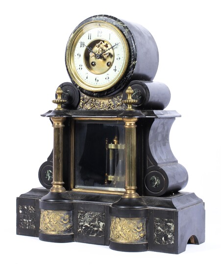 A Victorian slate and marble drum and scroll shaped mantel clock