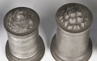 A collection of 19th and 20th century pewter items, including two Victorian aspic jelly moulds, numb
