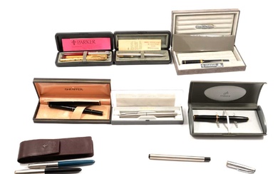 A collection of vintage Parker fountain pens and ballpoint pens and a Sheaffer fountain pen.