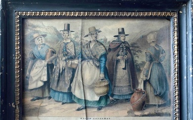 A coloured print of five ladies in Welsh costume. Together w...