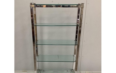 A contemporary chrome and glass four tier shelf unit, width ...