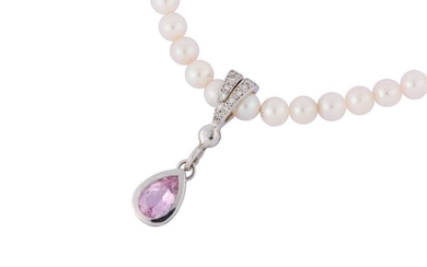 A cultured pearl, pink topaz and diamond pendent necklace