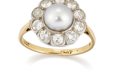 A diamond and cultured pearl cluster ring, early 20th century,...