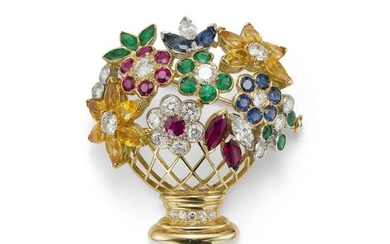 A diamond and gem-set basket brooch