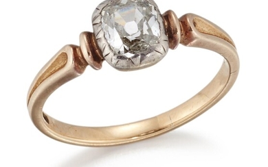A diamond single stone ring, the cushion-shaped old brilliant-cut diamond in silver mount to gold tapering hoop, ring size J