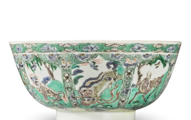 A famille-verte 'auspicious animals' bowl, Qing dynasty, Kangxi period | 清康熙 五彩開光瑞獸圖盌