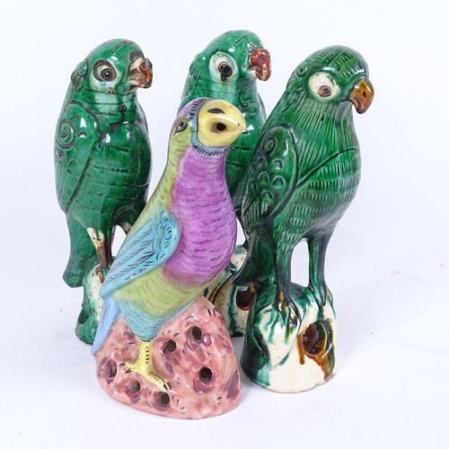 A group of 4 Chinese glazed pottery parrots, largest height ...