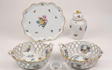 A group of Herend porcelain, 20th century, to include a Queen Victoria VBO twin handle pierced basket with gilt scalloped rim, 22cm diameter, an Indian Basket FD twin handle pierced basket with gilt scalloped rim, 22cm diameter, a Saxonian Bouquet...