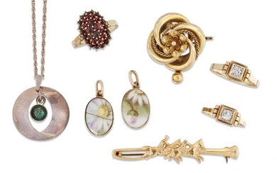 A group of jewellery, comprising: a Victorian gold brooch of knot design; two gold paste rings; two early 20th century gold mounted enamel pendants, each depicting a flowerhead the backs engraved with a monogram and dated 1924 (one with crack) a...