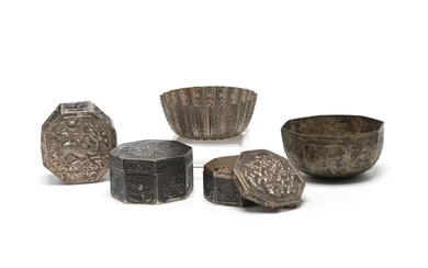 A group of silver assortment vessels comprising hexagonal covered boxes and small cup decorated with Qi-lin and flowers