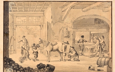 A horse smith. Ca. 1750-1800 Drawing, pen and black ink, grey and brown wash, 11,3...
