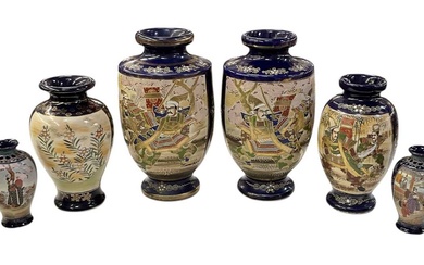A large pair of Japanese Satsuma style blue ground vases,...