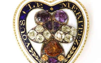 A late Georgian amethyst, citrine, diamond and enamel, heart shaped clip brooch