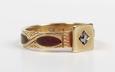 A late Victorian 15ct gold, diamond and varicoloured agate mourning ring, the shank exterior mounted