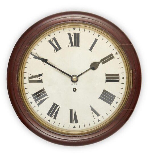 A mahogany GPO wall clock, mid 20th century, the painted dial with Roman numerals and black painted hands within brass bezel, the dial marked G.P.O., single fusee movement, with winder and pendulum, 39cm diameter Please note that Roseberys do not...