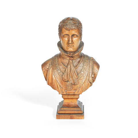 A mid 19th century carved and polished fruitwood bust of Napoleon depicted as Emperor, Signed Pouchard and dated 1840