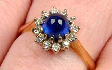 A mid 20th century 18ct gold sapphire cabochon and single-cut diamond cluster ring.