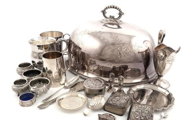 A mixed lot of silver and electroplated items, comprising silver items: a George III caddy spoon, London 1793, fluted bowl, a small mug, by Percy Frederick Jackson, Birmingham 1920, plain tapering circular form, a silver mounted Common Prayer book and...