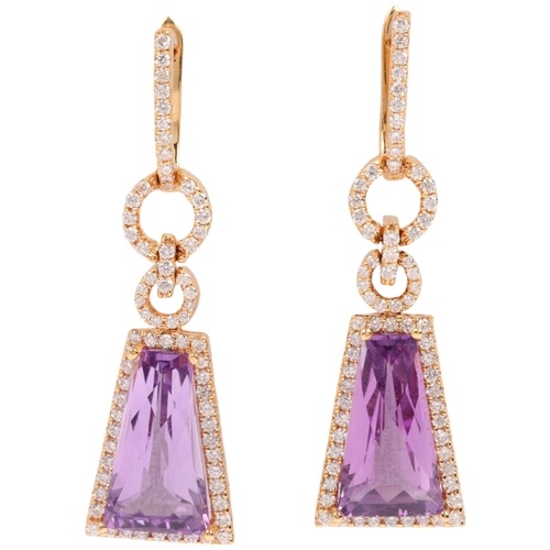 A pair of 18ct gold amethyst and diamond cluster drop earrin...