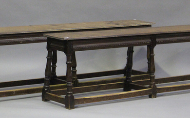 A pair of 19th century oak joint benches, on turned and block legs united by stretchers, height 50cm