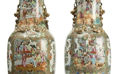 A pair of Chinese Canton Famille Rose Celadon-Ground