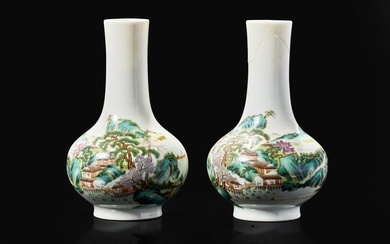 A pair of Chinese famille rose "Landscape" vases, probably Republic period 粉彩山