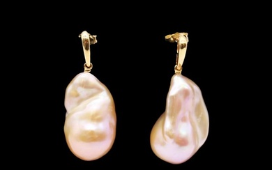 A pair of baroque pearl and 18ct yellow gold drop...