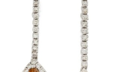 A pair of citrine and diamond drop earrings, the pear-shaped citrine gems suspended from a flexible single row of brilliant-cut diamonds, post fittings, approx. length 5cm