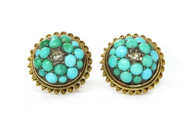 A pair of gold and silver, diamond and turquoise bombé clusters