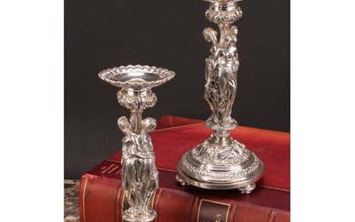 A pair of sculptural silver plated table candlesticks, cast ...