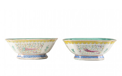 A pair of square famille rose bowls (defects) China, Qing dynasty, Guangxu period (1875-1908) (l. 18.8 cm.)