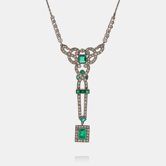 A platinum necklace set with faceted emeralds and old- and eight-cut diamonds