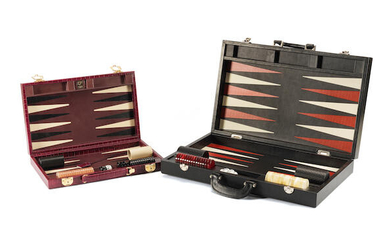 A purple leather backgammon set
