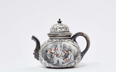 A rare Meissen porcelain teapot with a Watteau scene
