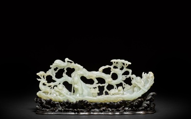 A rare pale celadon jade 'immortals' group, Qing dynasty, 18th century | 清十八世紀 青白玉雕仙人乘槎擺件
