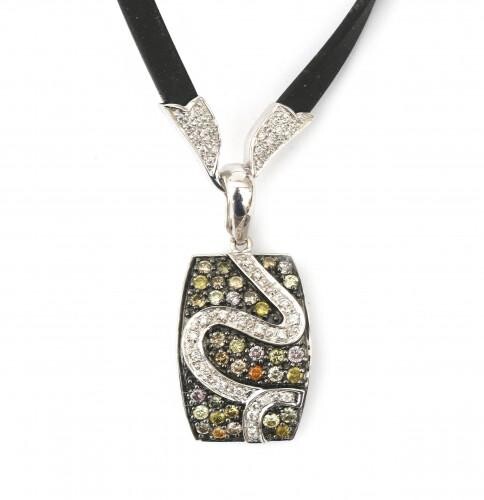 A rubber necklace with an 18 karat white gold diamond pendant. The necklace has 18 karat white gold accents with brilliant cut diamonds holding a rectangular pendant. Featuring green, white and brown brilliant cut diamonds. Gross weight pendant: 6.3 g.